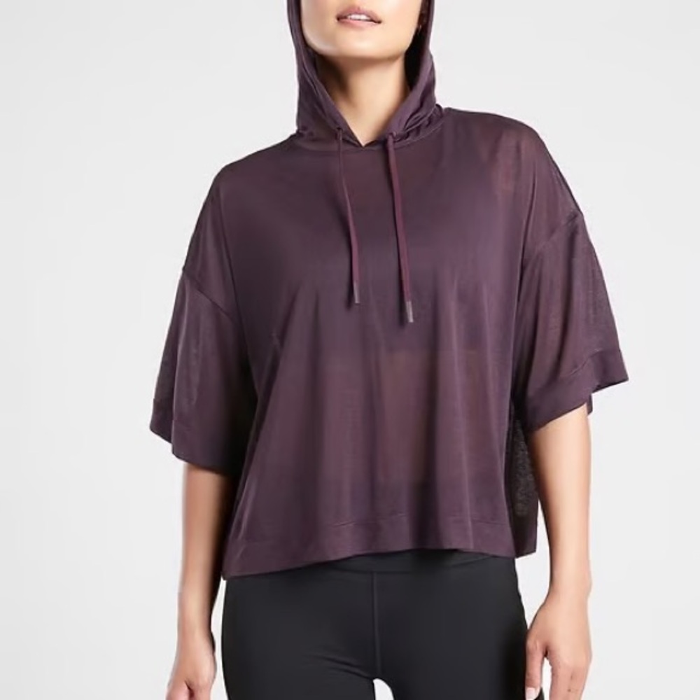 ATHLETA Vapor Hooded Tee Short Sleeve Athletic Shirt Purple Sheer Mesh Top Women